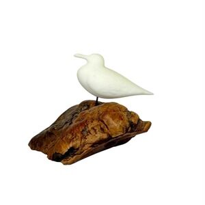 Vintage John Perry White Bird Sculpture on Driftwood Base Coastal Beach Decor